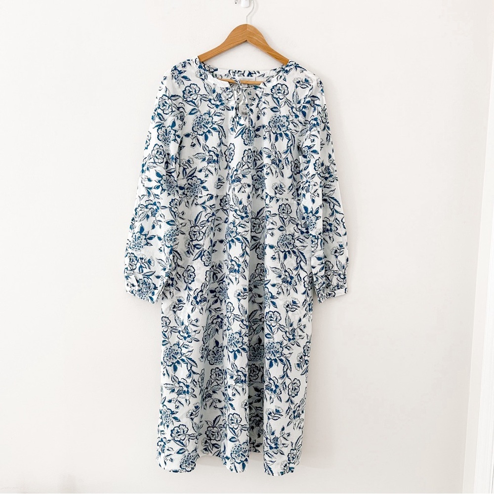 J Jill Dress Size L Cabana White Blue Floral Organic Cotton Midi